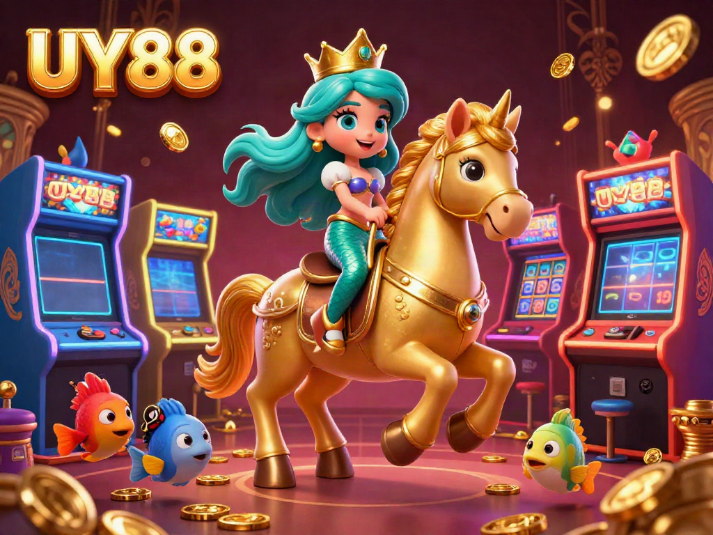 Experience exciting gaming action with UY88 in a lively 3D casino scene featuring a mermaid princess and vibrant fish.