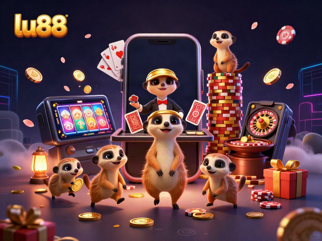 Experience excitement at lu88 with meerkats running a casino operation and engaging with colorful slot games.