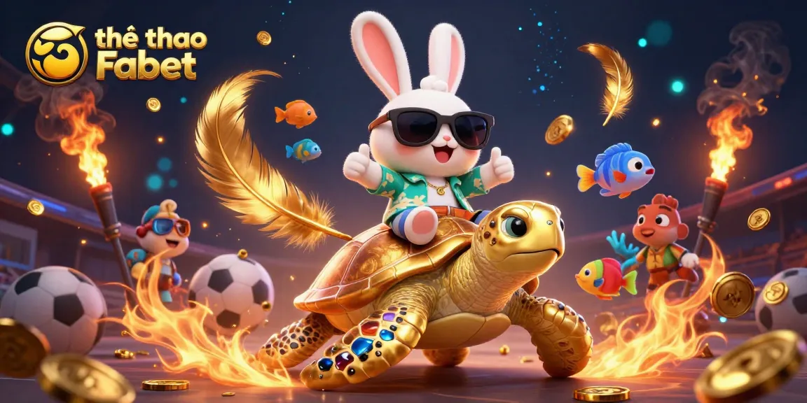 Experience thể thao Fabet with a vibrant scene showcasing a lucky rabbit on a golden sea turtle in a thrilling sports betting atmosphere.