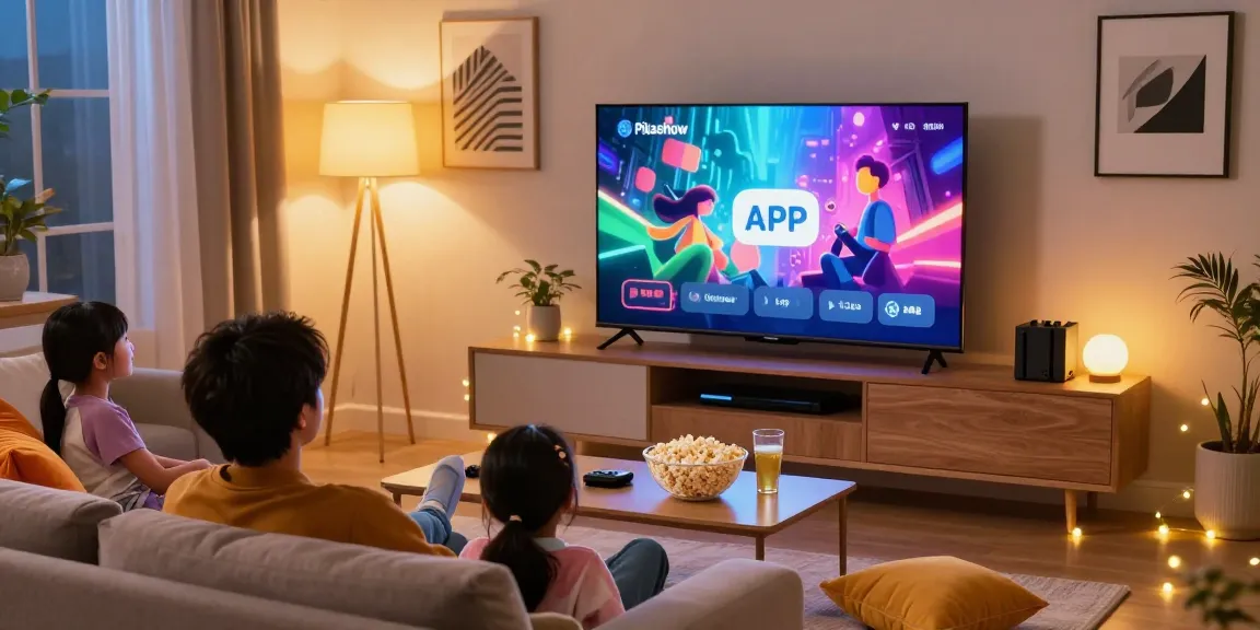 Family enjoying a movie night using Pikashow APK on a smart TV in a cozy living room.