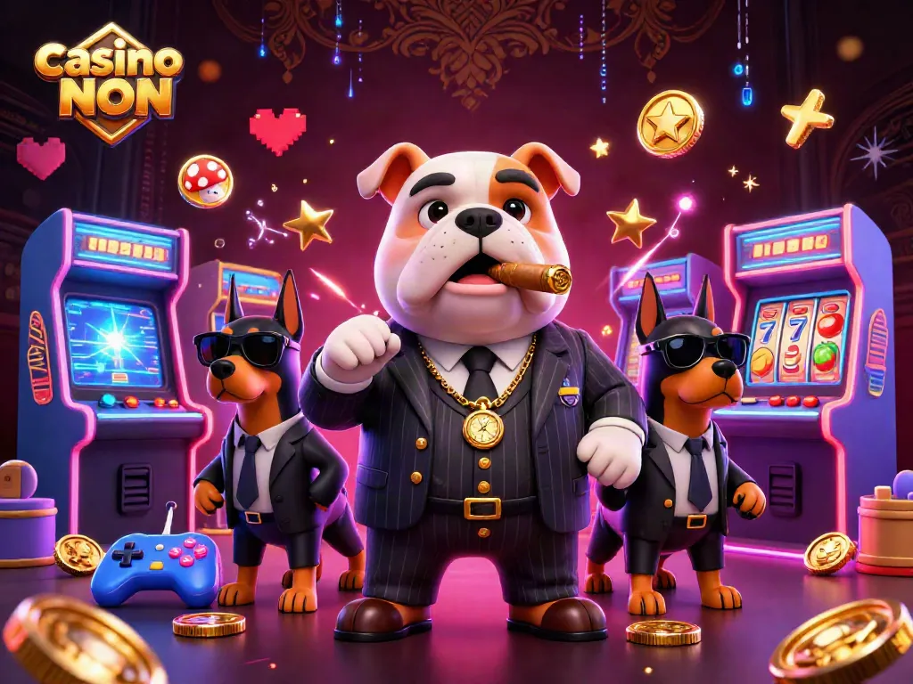 Gioca ai casinò non ADM con un'illustrazione di un bulldog mafioso e i suoi bodyguard in un ambiente scintillante.