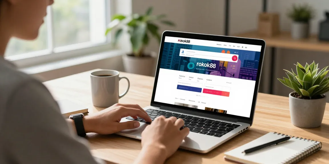User accessing the rokok88 login page in a cozy home workspace, laptop open with vibrant interface elements.