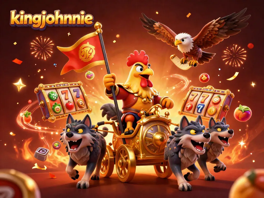Win big with kingjohnnie in a vibrant casino scene featuring a rooster warlord and slot reels.