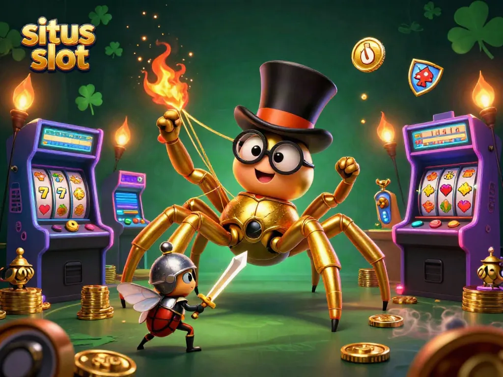 Engage with the vibrant world of situs slot through a dynamic 3D illustration depicting an adventurous scene in a casino setting.