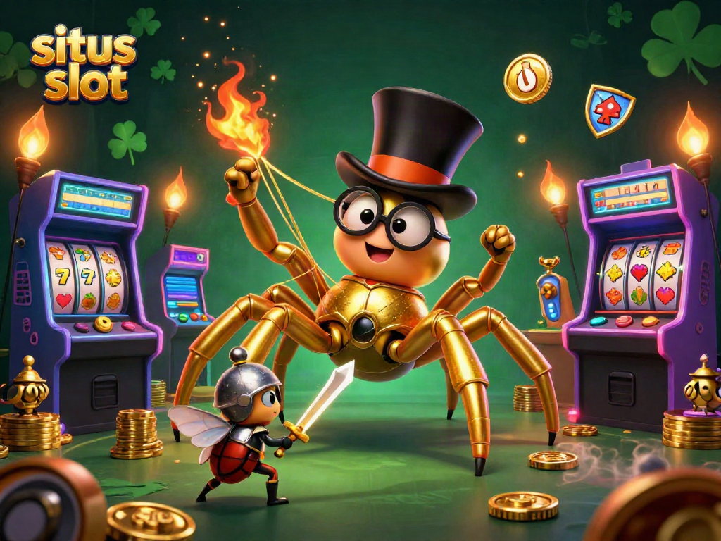 Engage with the vibrant world of situs slot through a dynamic 3D illustration depicting an adventurous scene in a casino setting.