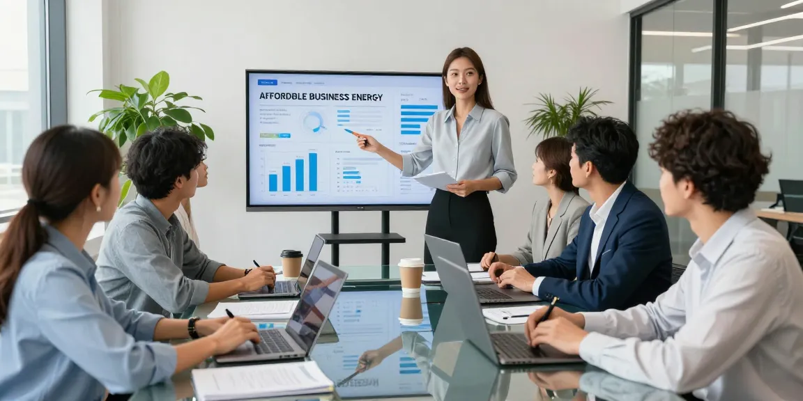 Team discussing affordable business energy deals 2026 in modern office setting, showcasing collaboration and professionalism.