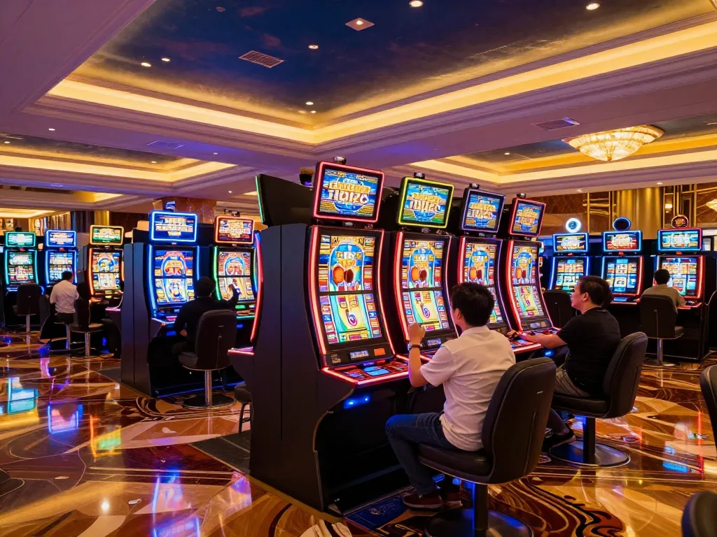 Players spin slot machines at GG88's vibrant online casino, celebrating wins in a lively atmosphere