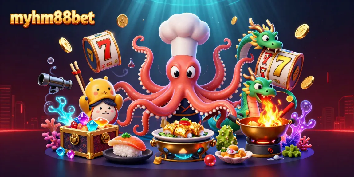 Experience the excitement of myhm88bet with vibrant casino elements and dynamic characters in a 3D illustration.