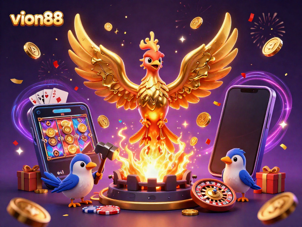 Experience vibrant gaming with the golden phoenix of vion88, bringing luck and excitement in a dynamic casino illustration.