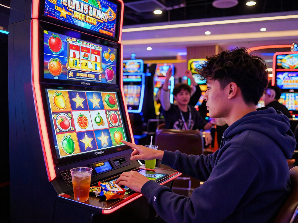 Exciting scene of a player about to win on a rokok88 slot machine in a vibrant casino environment.