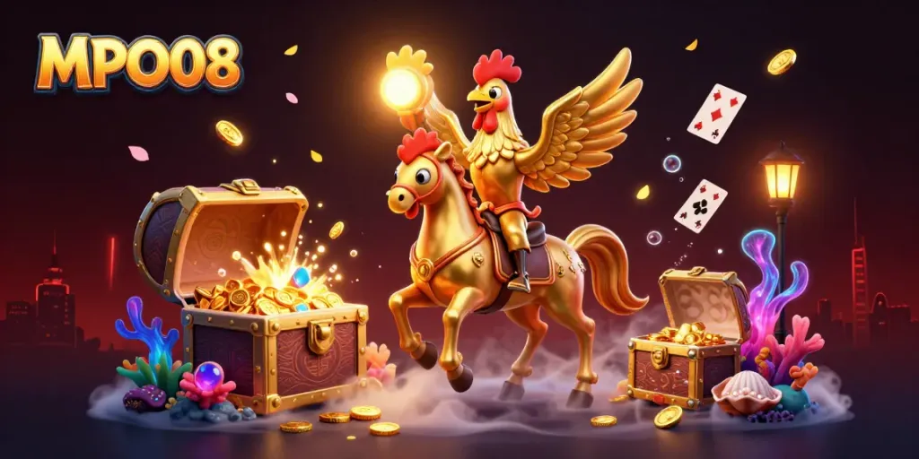 Experience thrilling play with MPO08's vibrant online casino scene featuring a golden rooster.