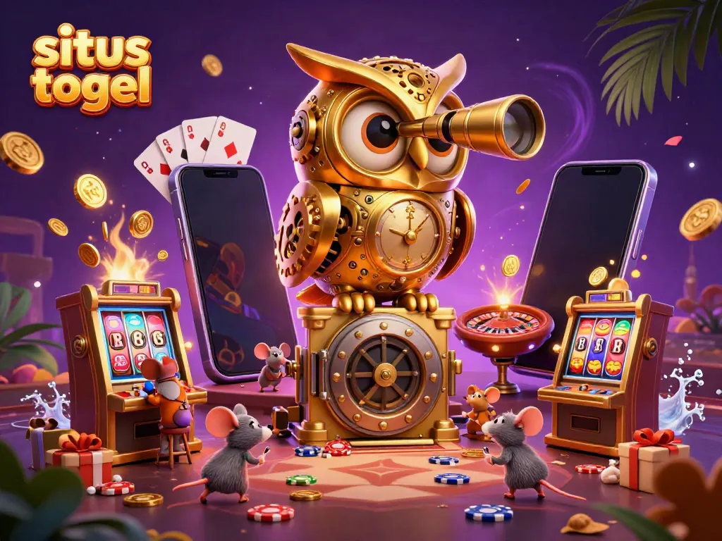 Experience the thrill of situs togel with a lively casino scene featuring a golden owl, playful mice, and gaming elements.