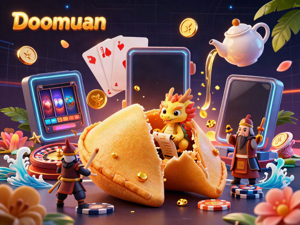 Doomuan brings a vibrant fantasy casino scene alive, featuring a golden fortune cookie and gaming symbols.