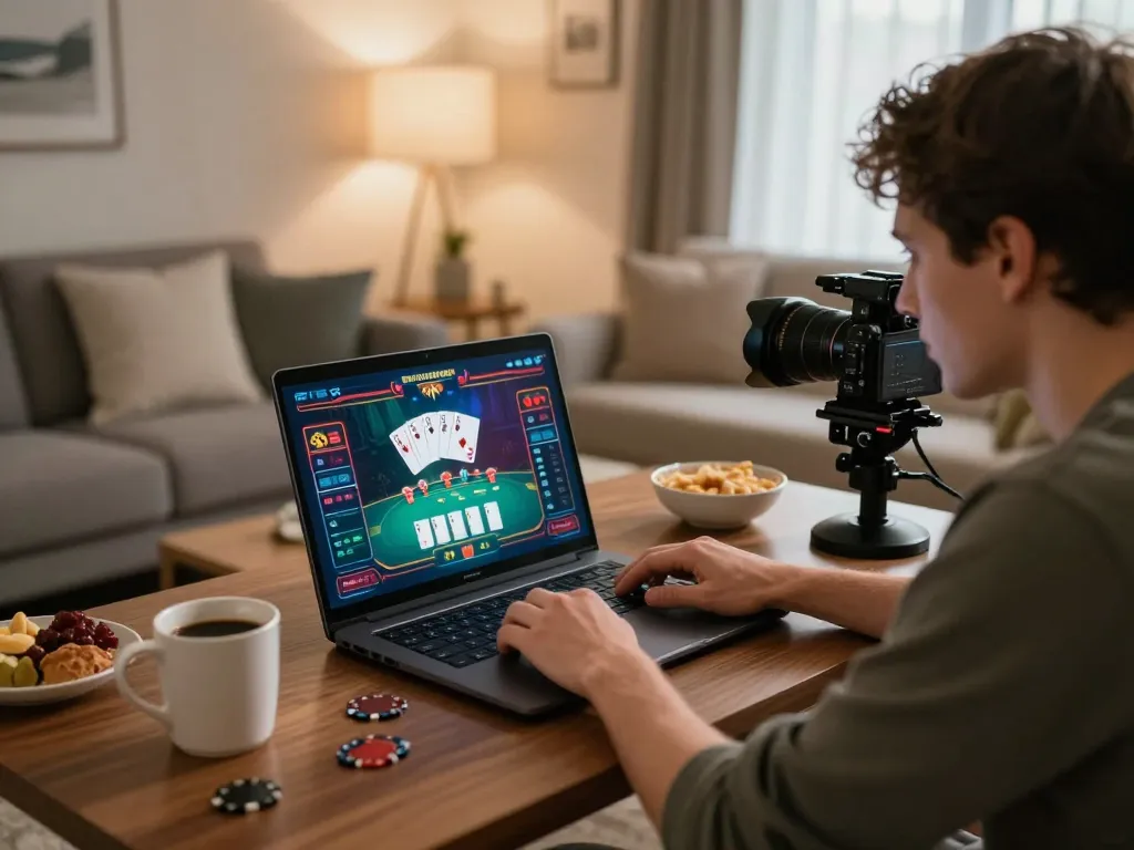 Engaged player enjoying online poker game at home, gamebaidoithuong8 inspires strategic gameplay.
