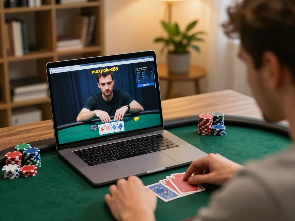 Engaging poker gameplay on maxpoker88 platform with player focused on laptop in cozy setting.