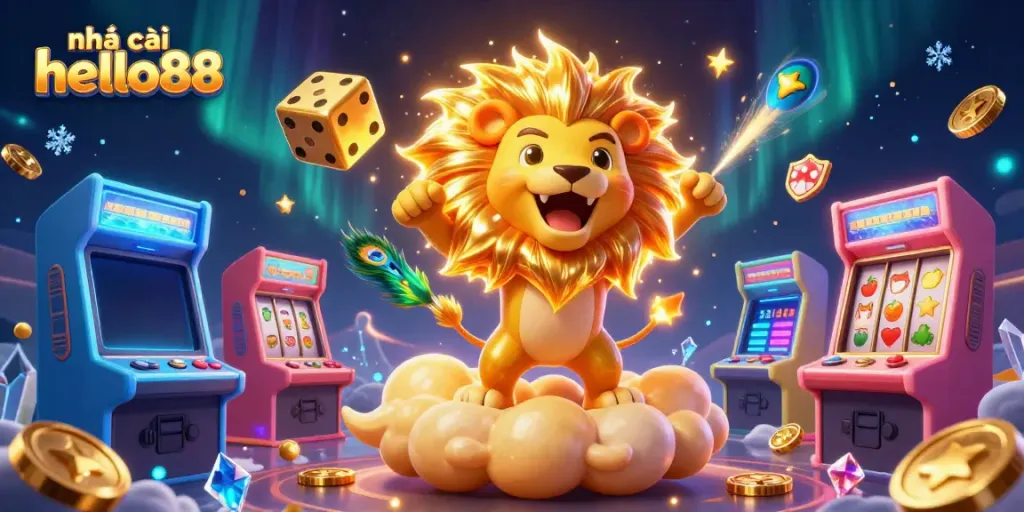 Experience the thrill of nhà cái hello88 with a dynamic 3D casino scene featuring games, coins, and a roaring sun lion.