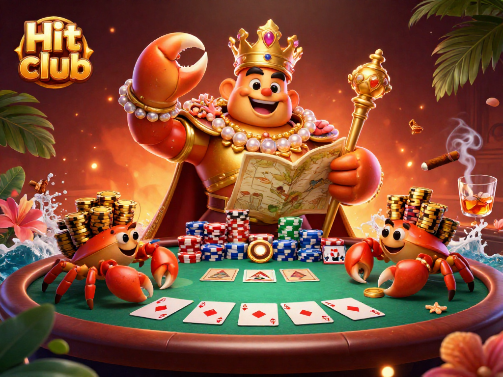 Experience the excitement at Hit club with a vibrant poker scene featuring a golden crab emperor and lavish casino elements.