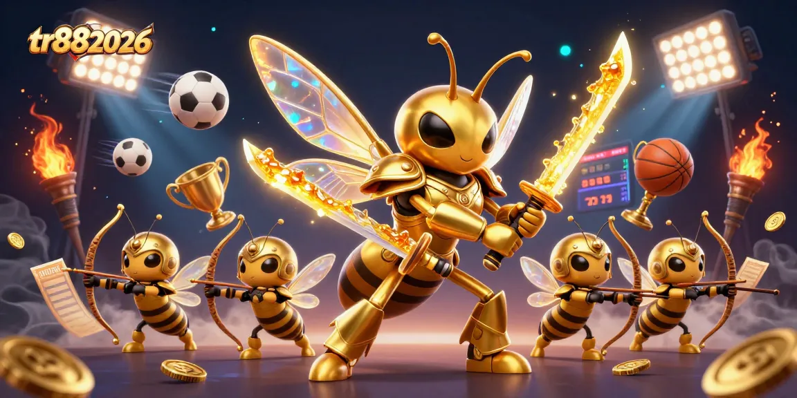 Engage with tr882026's vibrant gambling scene showcasing a golden samurai hornet amidst dynamic sports elements.