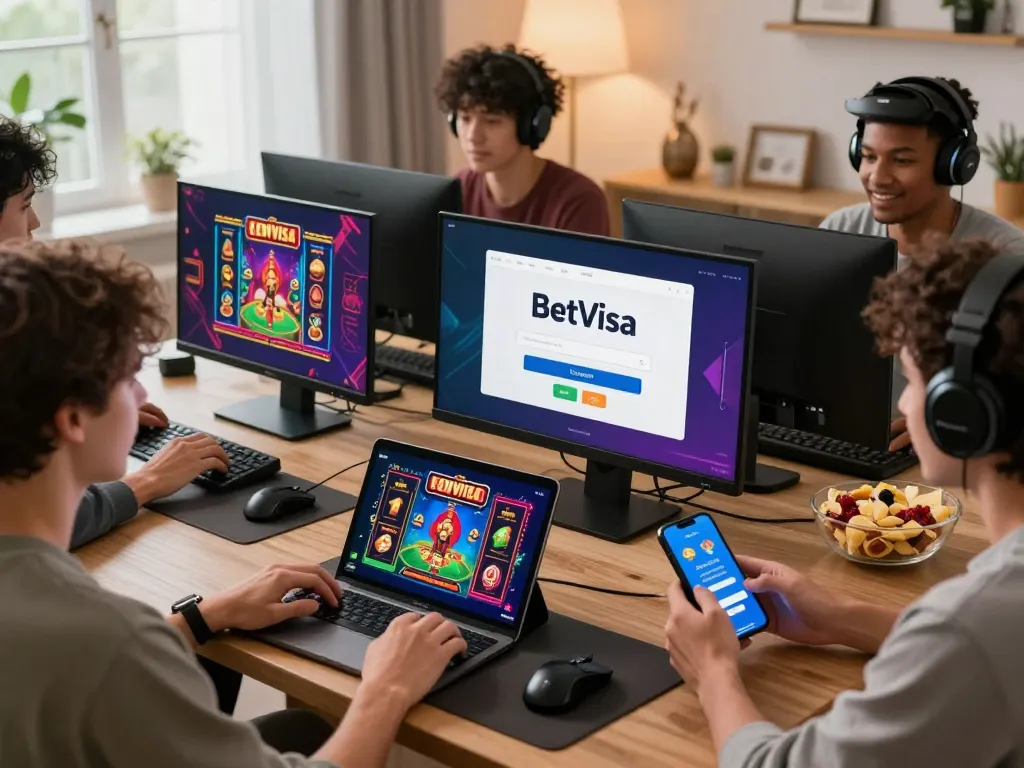 Engaged players experiencing BetVisa login on various devices in a cozy gaming setup, showcasing the excitement of online betting.