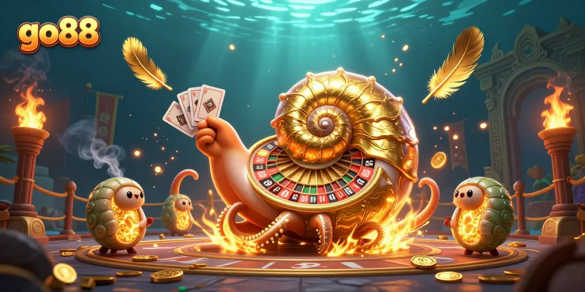 Join the excitement at go88 with a vibrant casino scene featuring a giant nautilus and golden treasures.