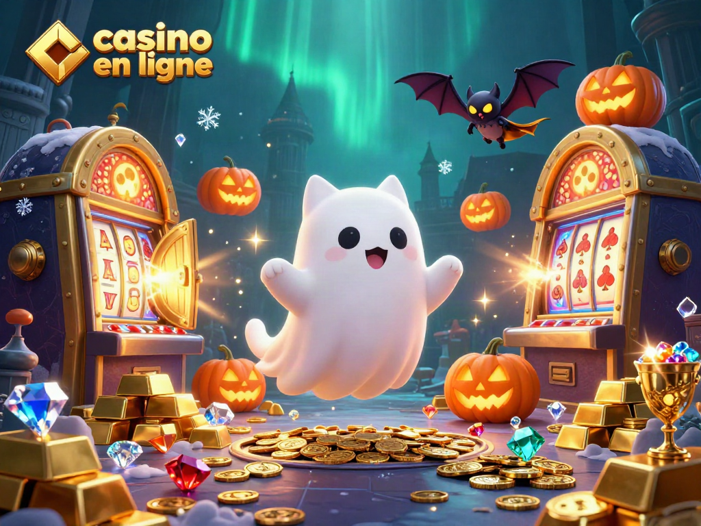 Jouez à un casino en ligne tout en profitant d'une scène colorée et animée avec un chat fantôme et des éléments de casino.