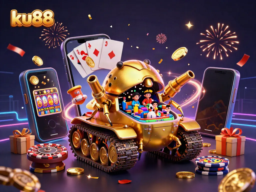 Engage with the thrilling world of ku88 in this vibrant illustration of a miniature casino within a golden beetle tank.