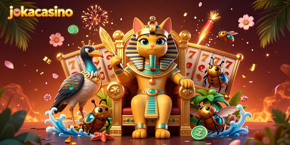 Engage with jokacasino's vibrant scene featuring a pharaoh cat, ibis companion, and dazzling slot elements.