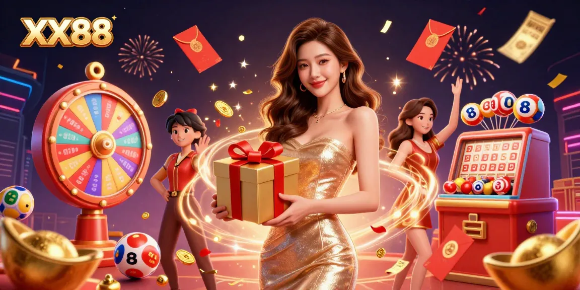 Experience thrilling wins at XX88, featuring festive imagery and dynamic casino elements.