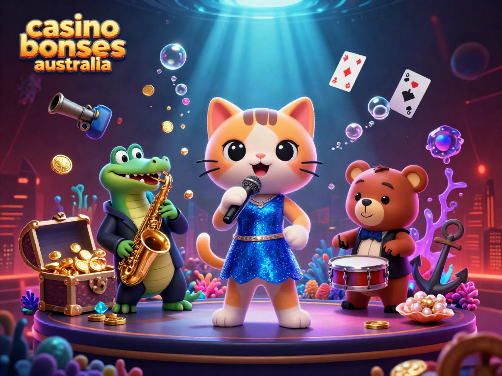 Engage with casino bonuses Australia through vibrant 3D illustration of dynamic animal characters performing, set in a colorful casino scene.
