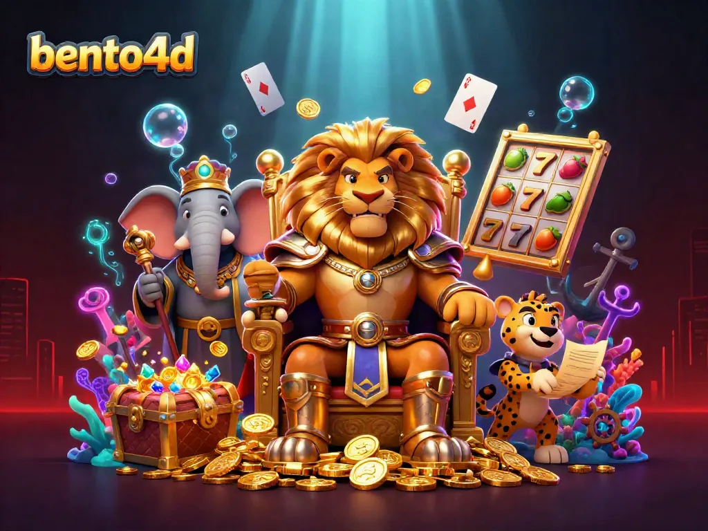Bento4d brings excitement to players with a vibrant 3D illustration of casino-themed characters and slot reels.