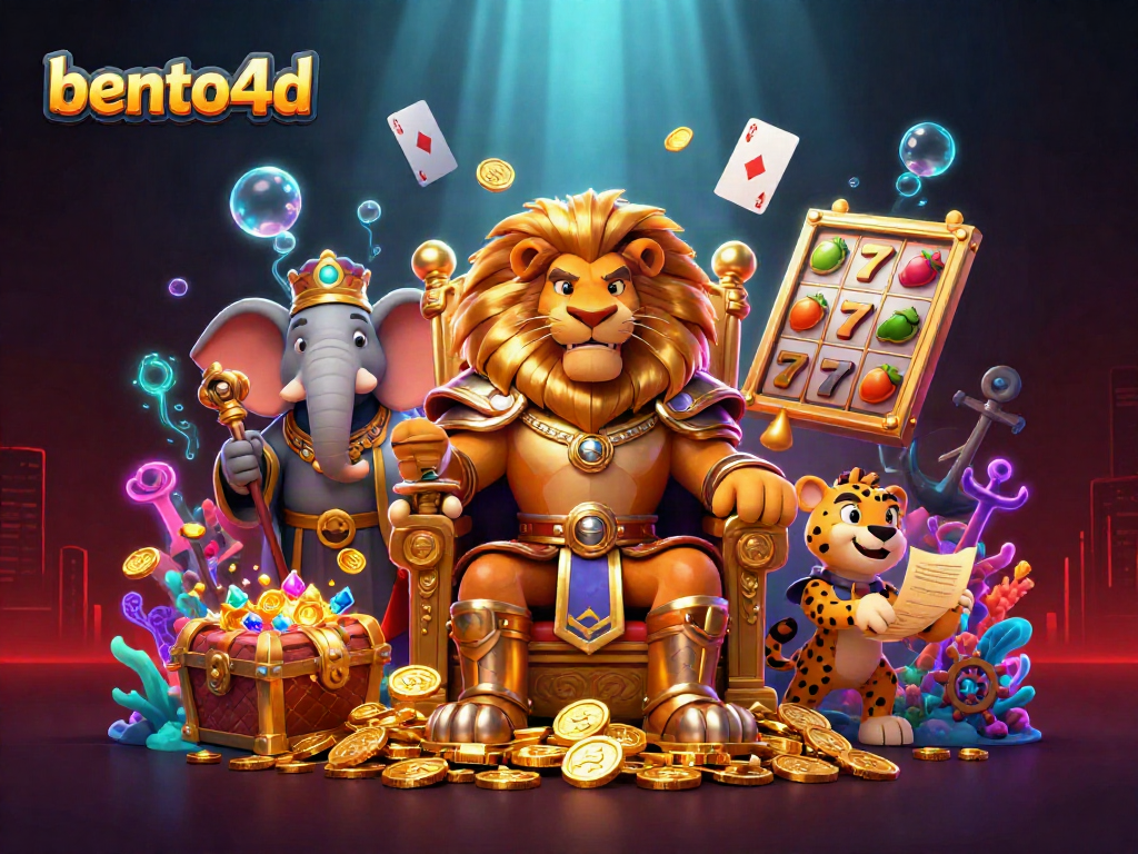 Bento4d brings excitement to players with a vibrant 3D illustration of casino-themed characters and slot reels.