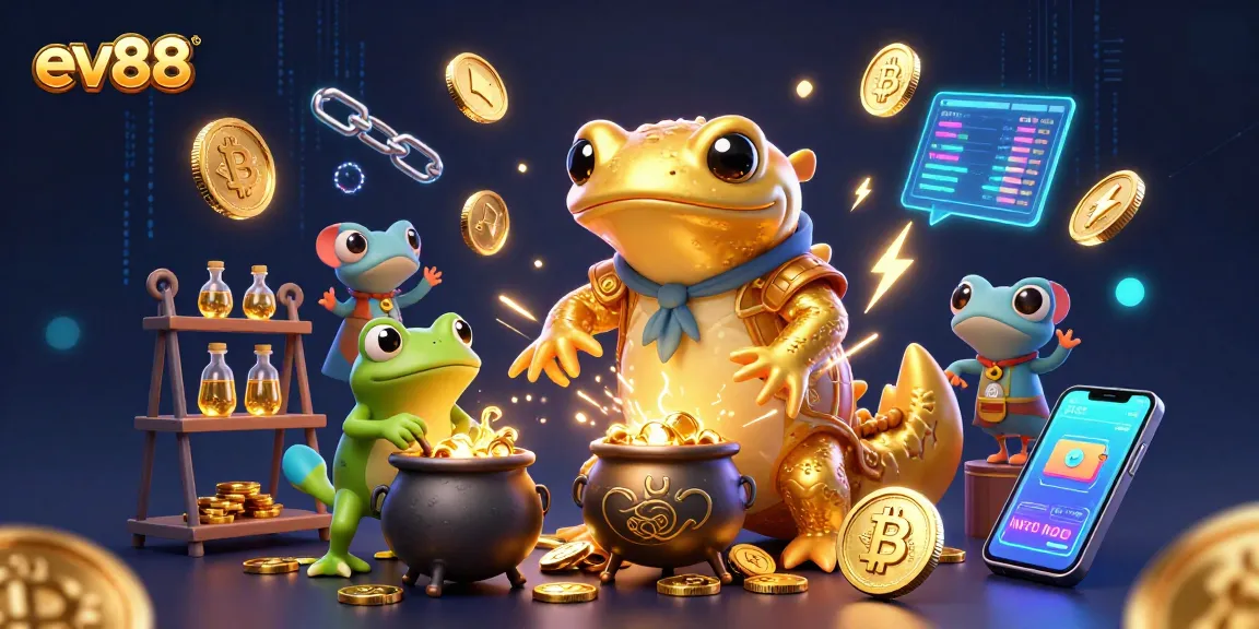 Experience thrilling games at ev88, a vibrant casino filled with 3D gold-themed characters and crypto elements.
