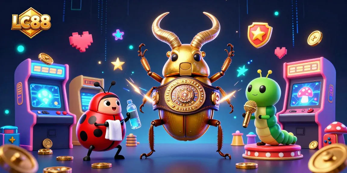 LC88 showcases a vibrant betting scene with a giant beetle boxing, thrilling gamblers with winning energy.