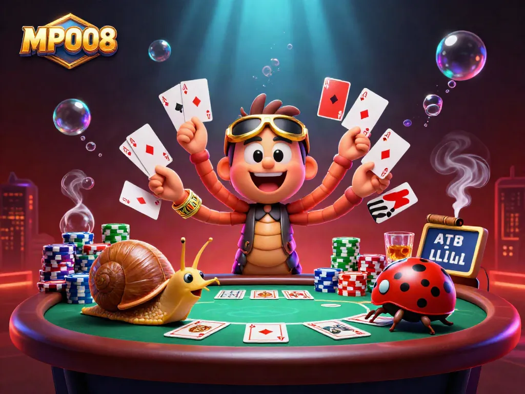 MPO08 showcases a vibrant casino scene with the millipede dealer, snail high-roller, and pill bug amid poker elements.
