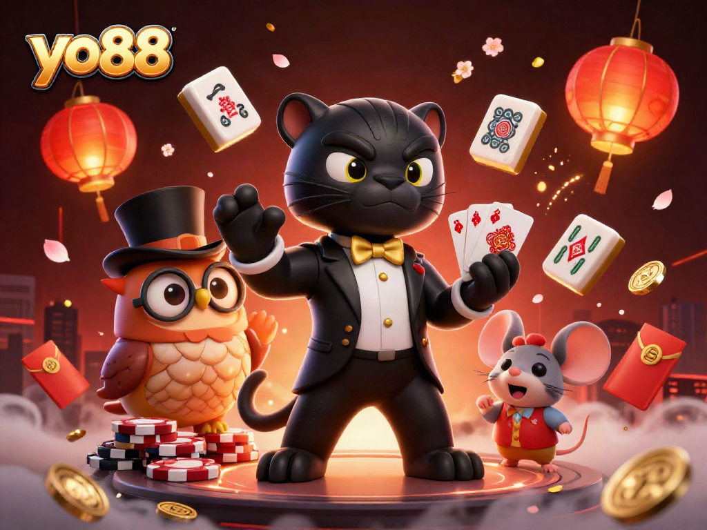 Join the excitement at yo88 with a stylish black panther dealing cards in a vibrant casino scene.