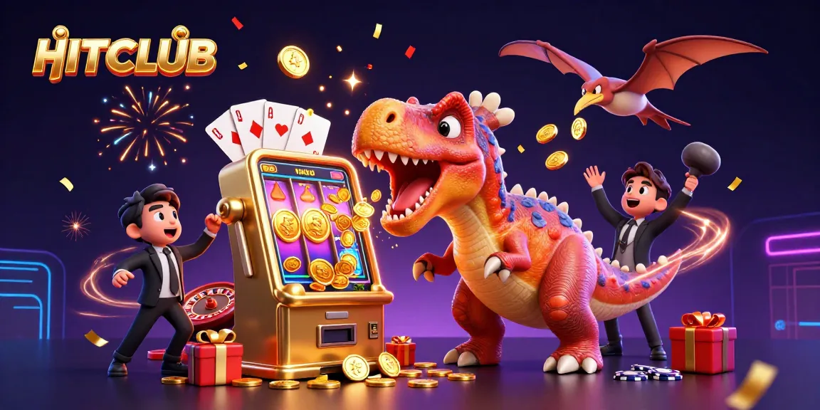 Experience HITCLUB's vibrant slot action as the pachycephalosaurus wins a jackpot amidst flying coins and party vibes.