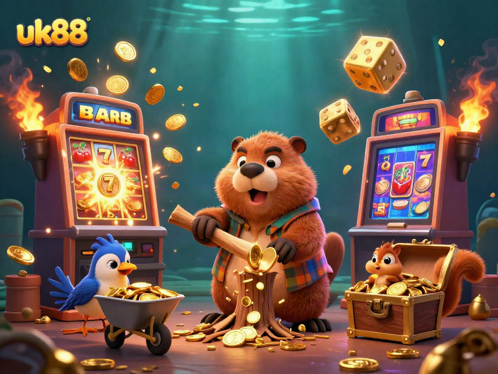 Spin and win at uk88 with a vibrant 3D casino scene filled with characters collecting golden coins.