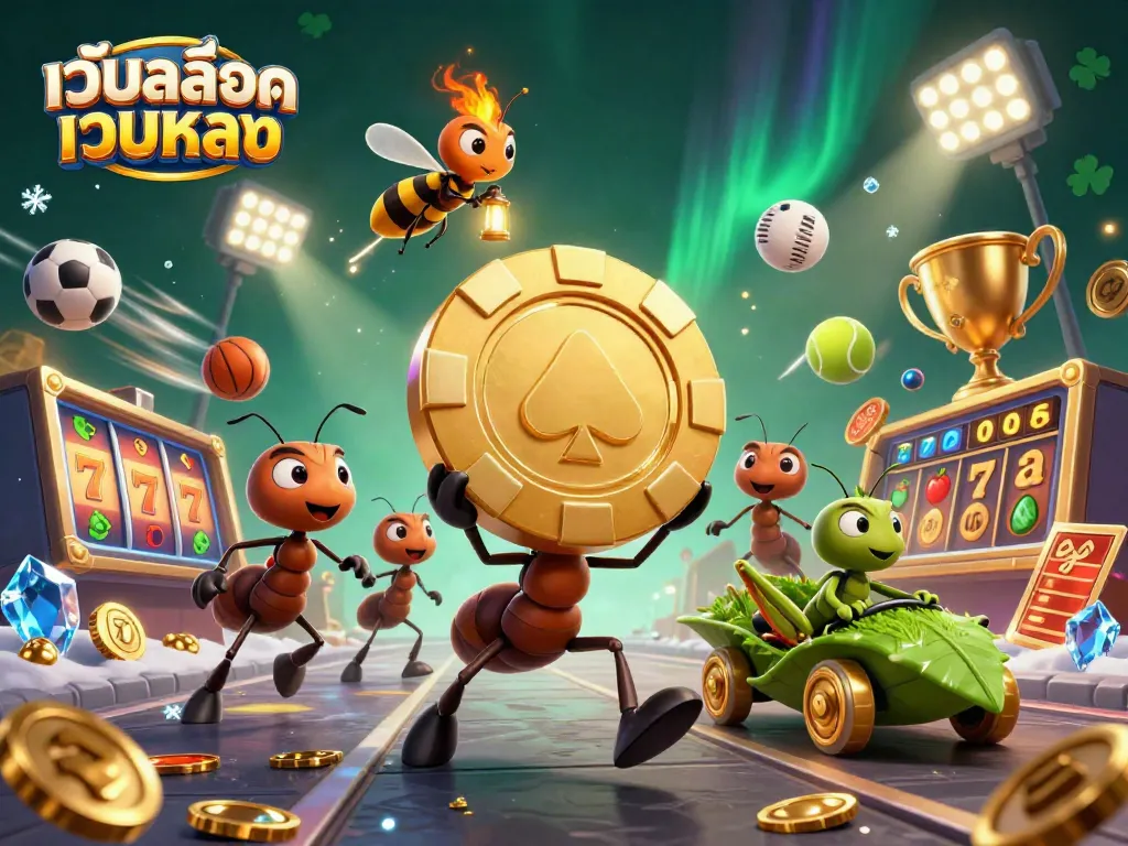 เล่นเกมสล็อตออนไลน์ เว็บสล็อตเว็บตรง พร้อมทีมมดแสนสนุกที่ถือชิปโป๊กเกอร์ทองคำ
