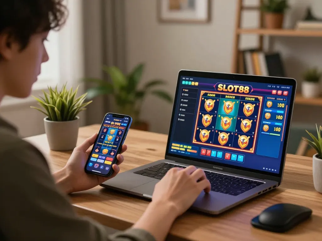 SLOT88 player immersed in strategic online gaming session at home, laptop and smartphone showing vibrant slot gameplay