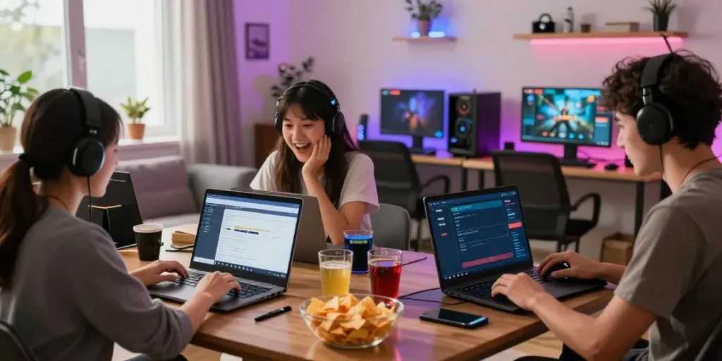 Dynamic online gaming experience at https://hitclub3.io/ with players enjoying multiple devices in a cozy setting.