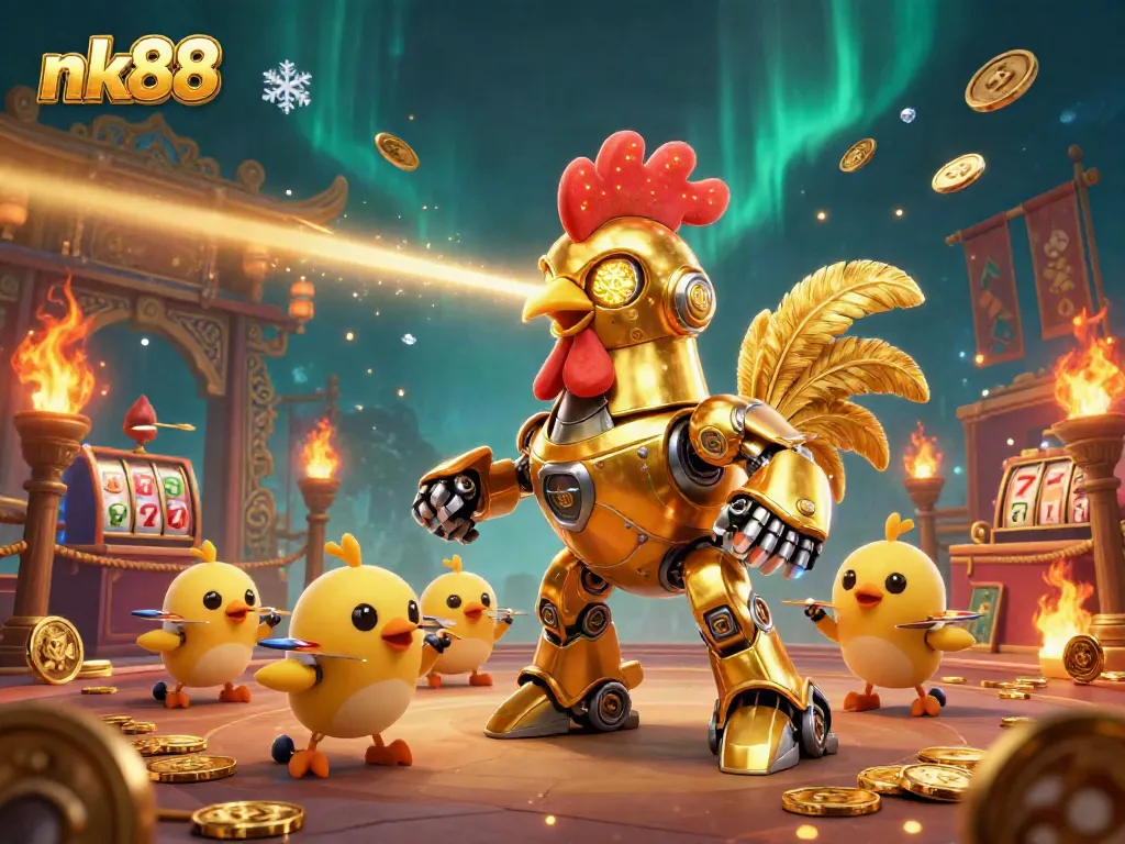 Engage with nk88's vibrant cartoon scene featuring a golden rooster robot and baby chick drones amidst thrilling gambling elements.