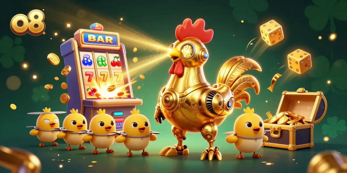 Experience excitement at o8 with a golden rooster robot leading a jackpot adventure in a casino scene.