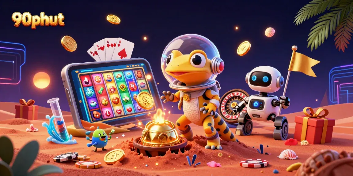Experience thrilling 90phut gameplay with vibrant Martian characters amidst a golden casino.