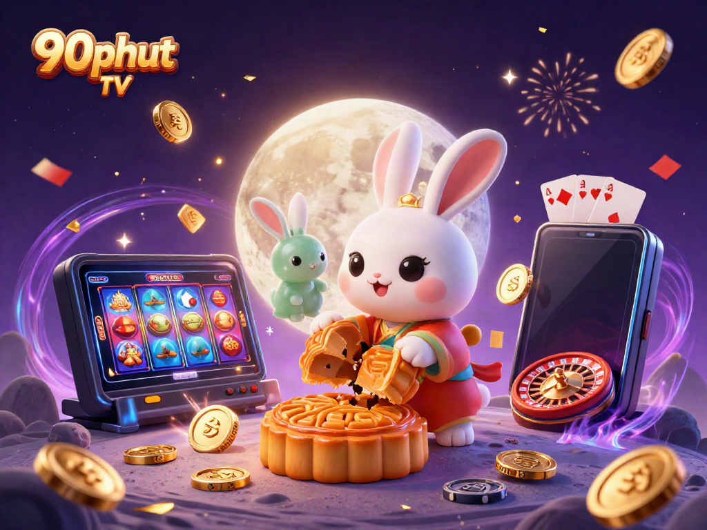Experience 90phut TV with a vibrant 3D scene of the moon rabbit cracking open mooncakes revealing poker chips amidst a lively casino atmosphere.