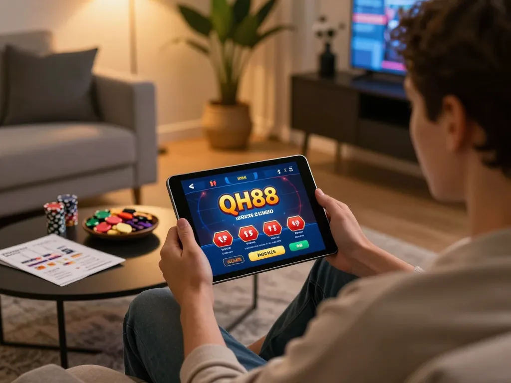 Playing casino games on QH88go app from a cozy home setting with tablet and strategy notes