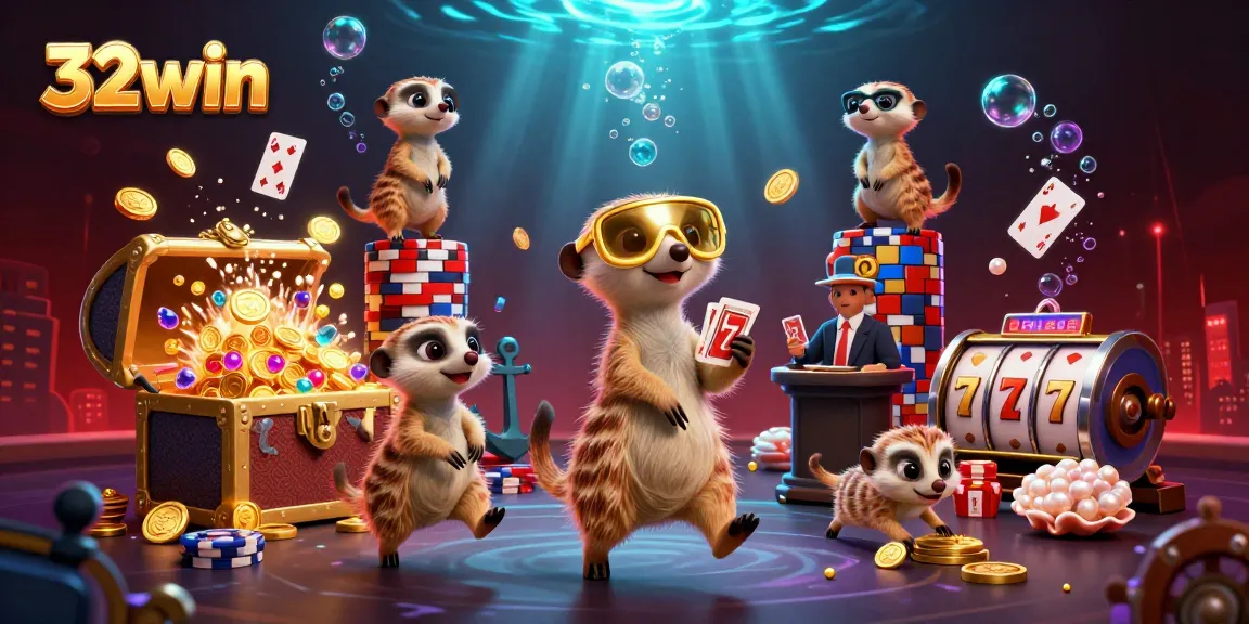 32win meerkats manage a vibrant casino with slots, revealing treasures and excitement.