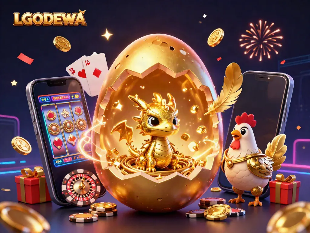 Experience the thrill of gaming with LGODEWA, highlighting a golden dragon and vibrant slot games.
