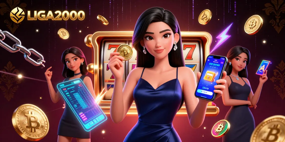 LIGA2000 menghadirkan permainan slot yang mendebarkan dengan seorang wanita Asia percaya diri di lingkungan kasino.