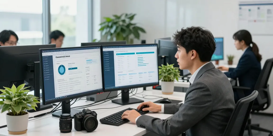 Business professional demonstrating cybersmart strategies in a modern IT office, collaborating on cybersecurity solutions.
