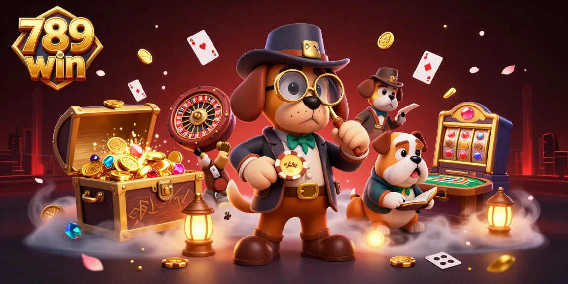 Engage with 789 win through lively casino elements in a colorful 3D scene featuring a detective and treasures.